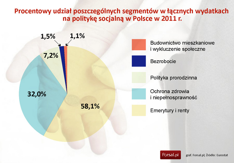 Procentowy udział poszczególnych segmentów w łącznych wydatkach na politykę socjalną w Polsce w 2011 r.