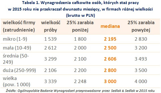 Tabela 1. Wynagrodzenia całkowite osób, których staż pracy w 2015 roku nie przekraczał dwunastu miesięcy, w firmach różnej wielkości (brutto w PLN)