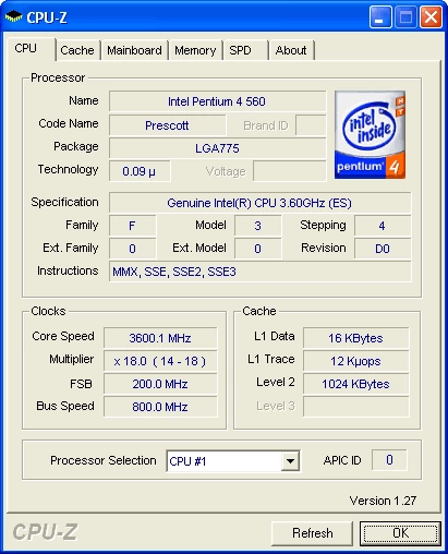 Typowy Pentium 4 560 bez 64-bitowych rozszerzeń. Układ ma "tylko" 1024 kB pamięci cache L2