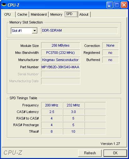 Parametry modułów Kingmax odczytane programem CPU-Z