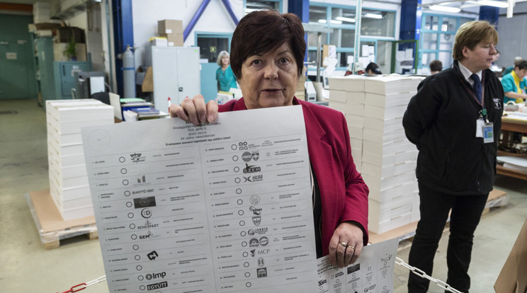 Pálffy Ilona, az NVI elnöke egy kinyomtatott szavazólappal / Fotó: MTI - Szigetváry Zsolt