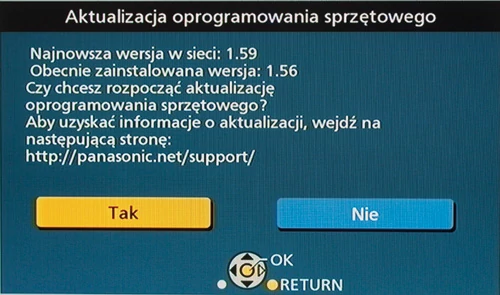 Panasonic - odtwarzacz po podłączeniu do internetu sprawdza automatycznie, czy na stronie producenta znajduje się nowa wersja firmware'u. Aktualizacja oprogramowania poprawia błędy i dodaje nowe funkcje internetowe