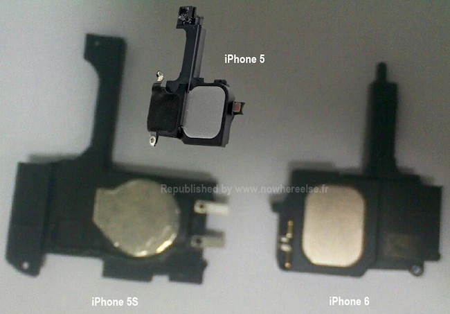 Zdjęcie rzekomych głośników iPhone 5S i 6, zestawione z obecnym w iPhone 5 układem