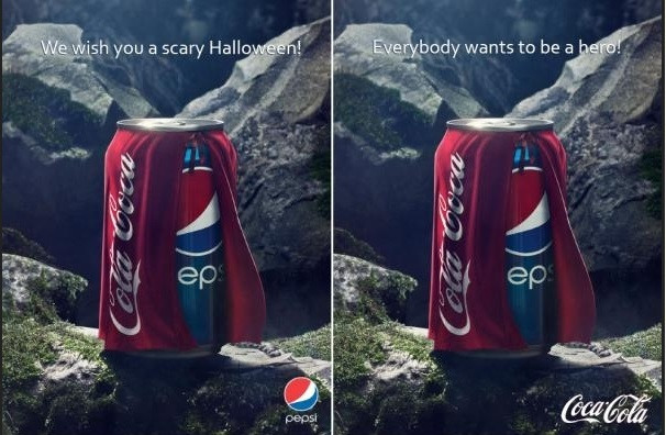 Coca - Cola v. Pepsi ( po lewej oryginalna reklama Pepsi, po prawej odpowiedź Coca - Coli)