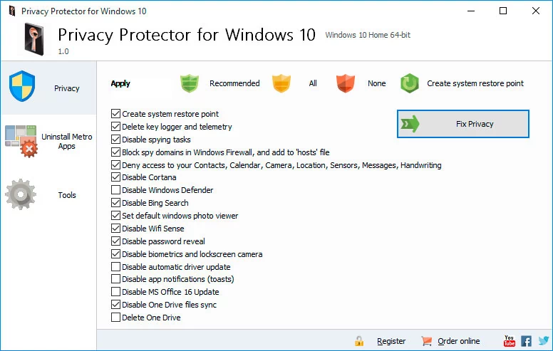 Główne okno programu do ochrony prywatności - Privacy Protector for Windows 10