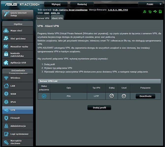 Konfiguracja połączeń VPN (klient oraz serwer) - Asus RT-AC1200G+