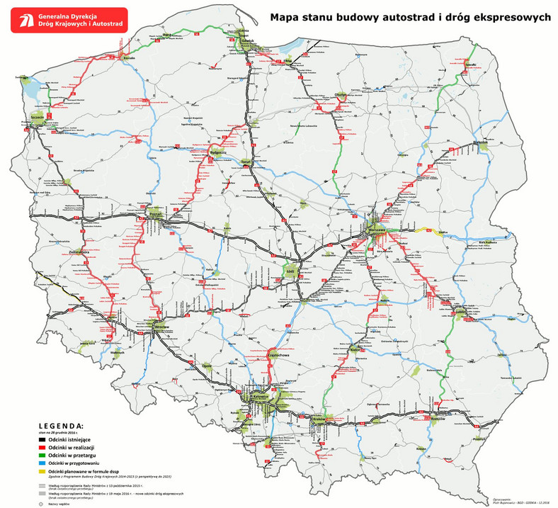 Mapa stanu budowy autostrad i dróg ekspresowych. Źródło: GDDKiA