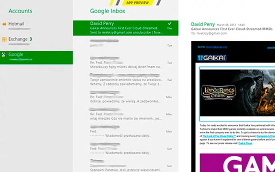 Wbudowany klient poczty obsługuje technikę „push” na kontach Exchange, Google i Hotmail