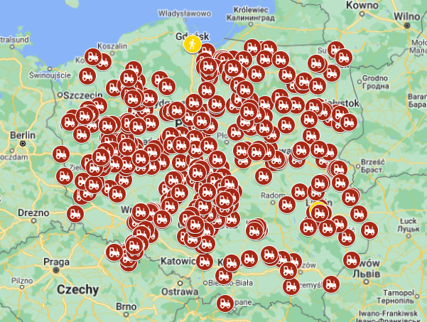 Mapa protestu rolników 20 marca 2024 roku