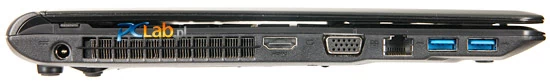 Lewa strona: złącze zasilacza, wyjście HDMI, wyjście VGA, złącze LAN, 2 × USB 3.0
