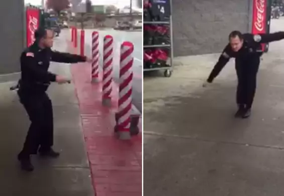 Policjant zatańczył przed sklepem, żeby zachęcić innych do wzięcia udziału w charytatywnej zbiórce