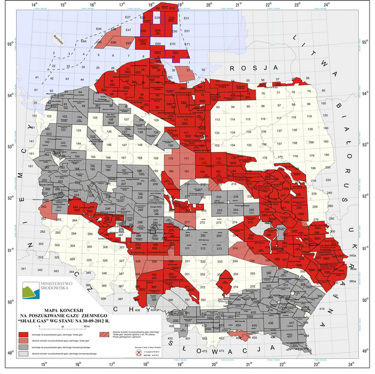 Mapa koncesji na poszukiwanie i rozpoznawanie gazu łupkowego - stan na 1 października 2012 (źródło: Ministerstwo Środowiska)