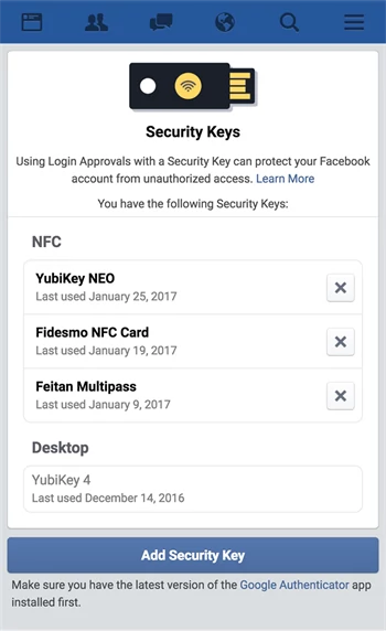 Klucze bezpieczeństwa i NFC w logowaniu do Facebooka