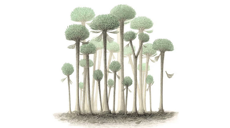 Ezek az ősi fák a pálmákra hasonlítottak, valójában azonban a páfrányok rokonai voltak. A szén-dioxidot felszívó és oxigént kibocsátó erdők forradalmi változásokat indítottak el a Földön, és lassan lehetővé tették a a sokkal bonyolultabban szerveződő élet kialakulását. / Kép: Peter Giesen/Chris Berry/Cambridge University