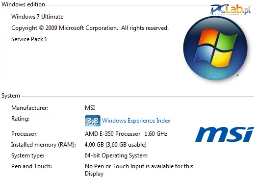 Producent zainstalował Windows 7 w wersji Ultimate. System jest 64-bitowy