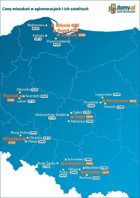 ceny mieszkań w aglomeracjach i ich satelitach - mapa