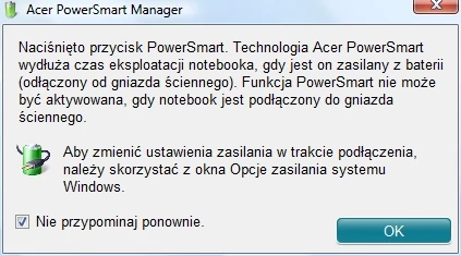PowerSmart działa tylko wtedy, gdy komputer nie jest podłączony do gniazdka