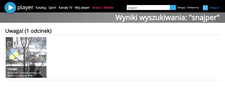 Po wpisaniu "snajper" możemy jedynie obejrzeć odcinek programu Uwaga!