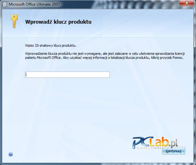 MS Office 2007 – pole na klucz produktu może pozostać puste (kliknij, aby powiększyć)