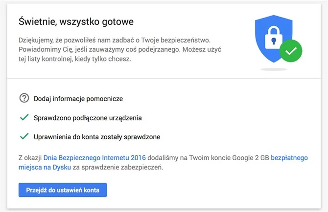 Sprawdzając zabezpieczenia konta Google, dostaniesz dodatkowe 2 GB w Dysku Google