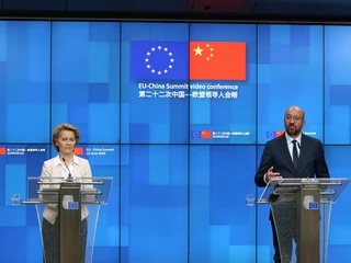Szefowa Komisji Europejskiej Ursula von der Leyen i Przewodniczący Rady Europejskiej Charles Michel na konferencji prasowej po wirtualnym szczycie UE-Chiny. Bruksela, 22.06.2020