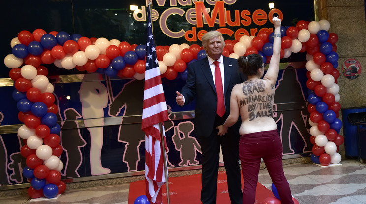 Hoppá! Félmeztelen nő mogyorózta meg a Trump-szobrot / Fotó: AFP