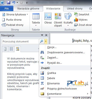 MS Word 2010 – funkcje przeszukiwania dokumentu dostępne w oknie nawigacji