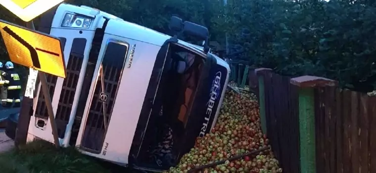 Ciężarówka wjechała do rowu. Z naczepy wysypały się tony jabłek