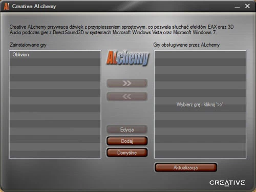 W systemach Windows Vista i Windows 7, aby uzyskać lepsze efekty dźwiękowe w grach będziemy musieli korzystać z aplikacji o nazwie Creative ALchemy. Jej zadaniem jest przywrócenie efektów środowiskowych EAX czy efektów 3D, które nie byłyby dostępne w nowych systemach firmy Microsoft