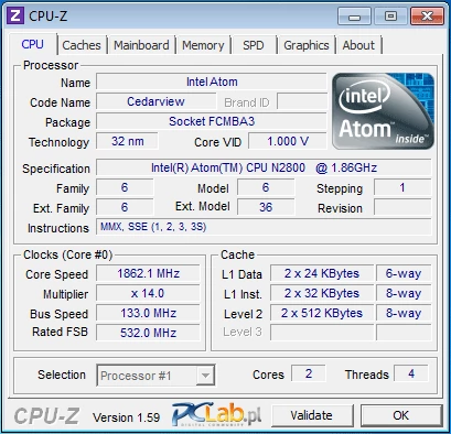 Tak CPU-Z wykrywa Atoma N2800