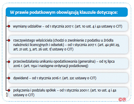 W prawie podatkowym obowiązują klauzule dotyczące: