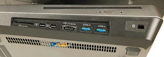 Prawa strona: czytnik kart pamięci, gniazda Thunderbolt, USB 2.0/e-SATA oraz dwa USB 3.0, a tuż obok - złącze Kensingtona, a nad nim - szczelina napędu optycznego
