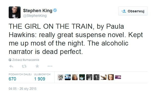 Stephen King o "Dziewczynie z pociągu"