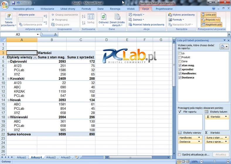 MS Excel 2007 – funkcje zarządzania polami raportu w formie tabeli przestawnej (kliknij, aby powiększyć)