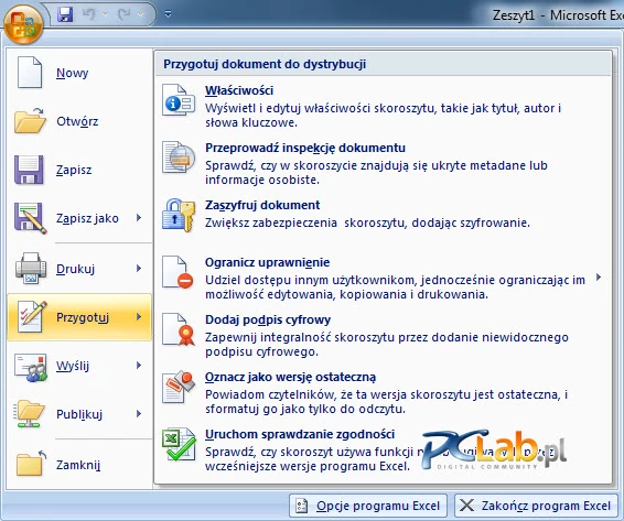 MS Office 2007 – menu logo pakietu (kliknij, aby powiększyć)