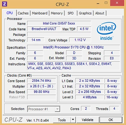 CPU-Z jeszcze nie rozpoznaje poprawnie procesora Core M 5Y70