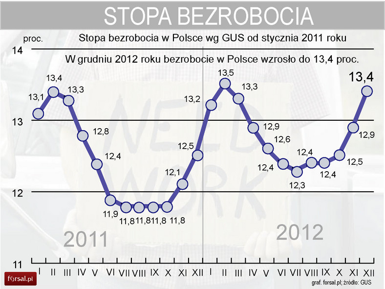 Bezrobocie w Polsce w grudniu 2012 roku wzrosło do 13,4 proc.