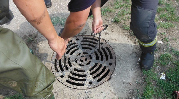 A kutyust ebből a csatornából szabadították ki a tűzoltók /Fotó: Katasztrófavédelem, Hajdúböszörményi hivatásos tűzoltók