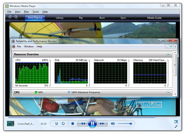 Filmy WMV HD odtwarzane w programie Windows Media Player zajmowały procesor w 70 proc.