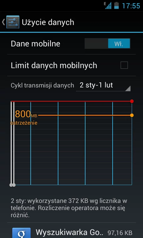 Począwszy od Androida 4.0 można bardzo łatwo sprawdzić, jaką część limitu danych zużyło się w bieżącym cyklu rozliczeniowym