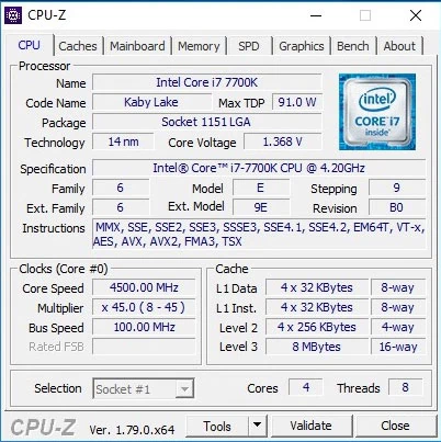 Standardowe ustawienia procesora Core i7-7700K