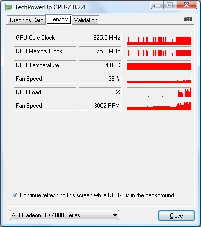 Temperatura GPU na karcie Radeon HD 4850 pod obciążeniem