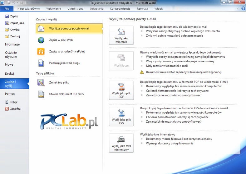 MS Word 2010 – nowe opcje publikowania dokumentu (kliknij, aby powiększyć)