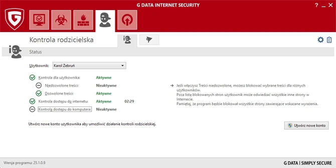 Moduł Kontroli rodzicielskiej w G Data Internet Security