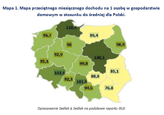 Mapa przeciętnego miesięcznego dochodu na 1 osobę w gospodarstwie domowym w stosunku do średniej dla Polski
