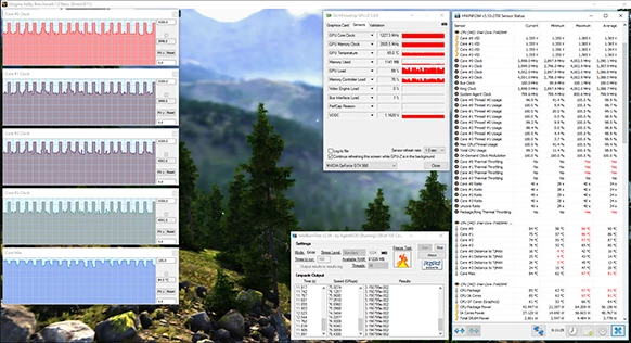 Parametry GPU podczas pracy z maksymalnym obciążeniem z użyciem układu chłodzenia cieczą  (kliknij, żeby powiększyć)