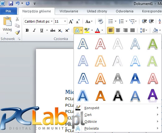 MS Word 2010 – zamiast wielkości liter efekty tekstowe