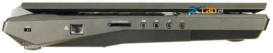 Lewa strona: złącze LAN, czytnik kart pamięci, gniazda audio (wejście typu jack, S/PDIF, złącze mikrofonu, złącze słuchawkowe)