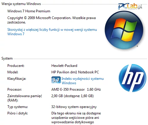HP Pavilion dm1-3110ew ma zainstalowany system Windows 7 Home Premium w wersji 32-bitowej