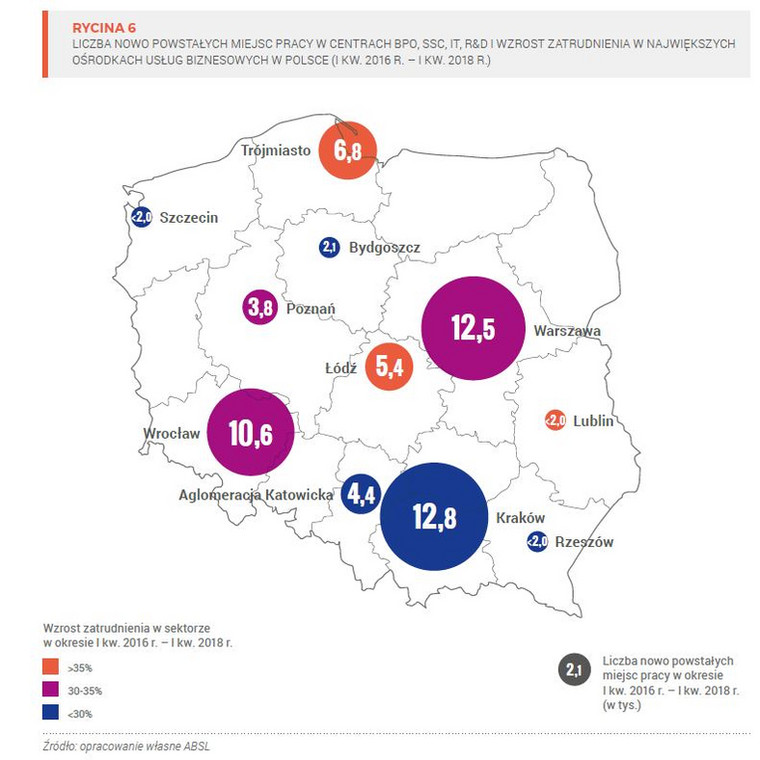 Liczba nowopowstałych miejsc pracy w centrach usług - mapa Polski